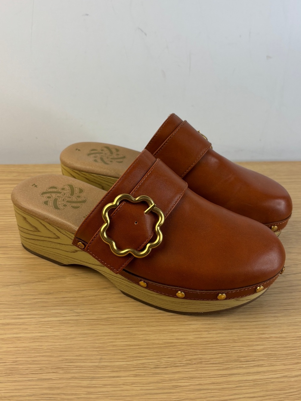 Sam & Libby Alexix Wooden Brown Leather Clog Woman’s 7 LIKE NEW
